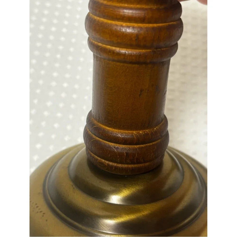 VTG HOMCO Antiqued Brass and Wood Candlesticks Pair Classic Mid Century Modern